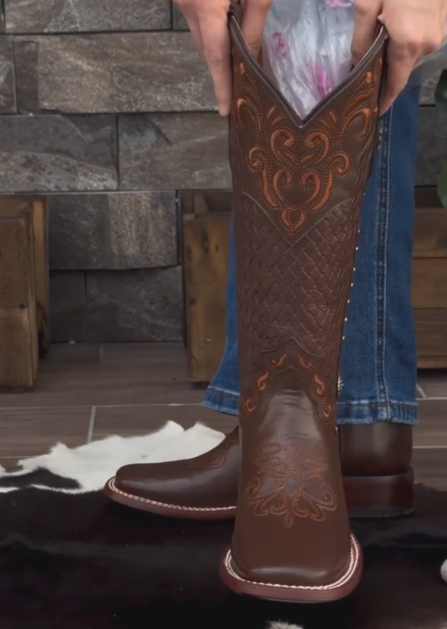 Men's Brown Tooled Leather Western Cowboy Boots - Tall Embroidered Vintage Style Riding Boots