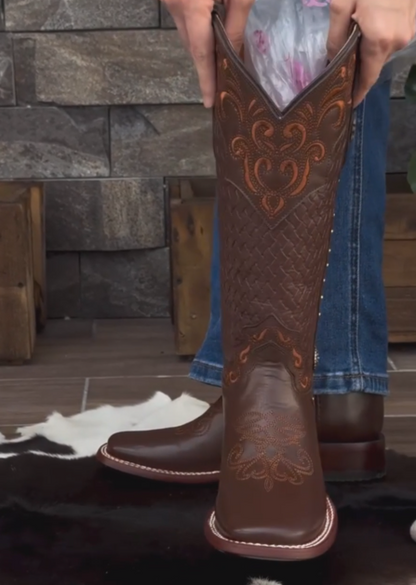 Men's Brown Tooled Leather Western Cowboy Boots - Tall Embroidered Vintage Style Riding Boots
