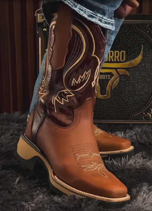 Two-tone Brown & Tan Embroidered Western Cowboy Boots | Square-toed Medium Cowhide Boots With Traditional Stitching