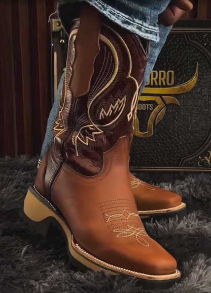 Two-tone Brown & Tan Embroidered Western Cowboy Boots | Square-toed Medium Cowhide Boots With Traditional Stitching