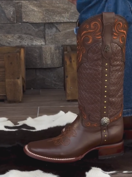 Men's Brown Tooled Leather Western Cowboy Boots - Tall Embroidered Vintage Style Riding Boots