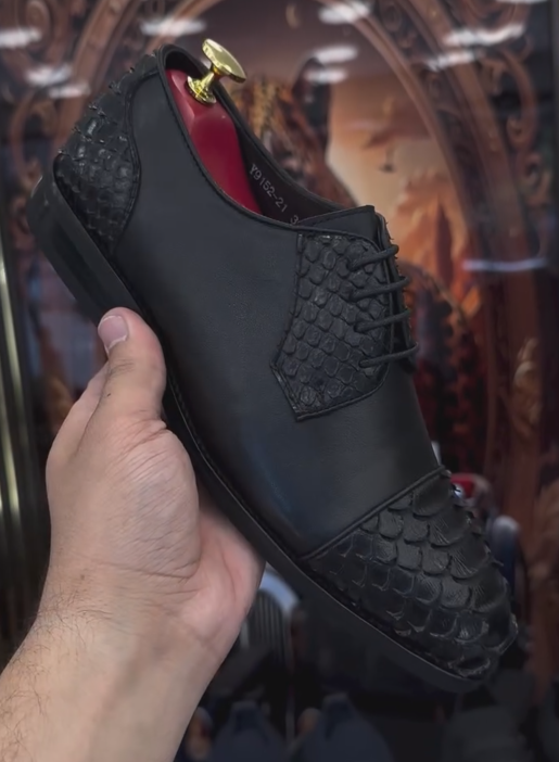 Men's Black Python-Embossed Leather Oxford Shoes -Lace-Up Formal Dress Shoes