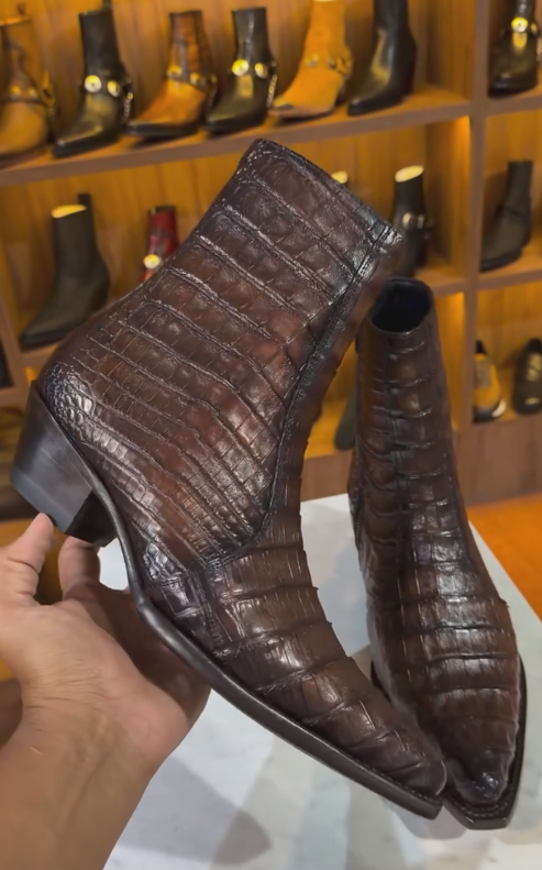 Men's Red-Brown Crocodile-Print Heeled Western Boots
