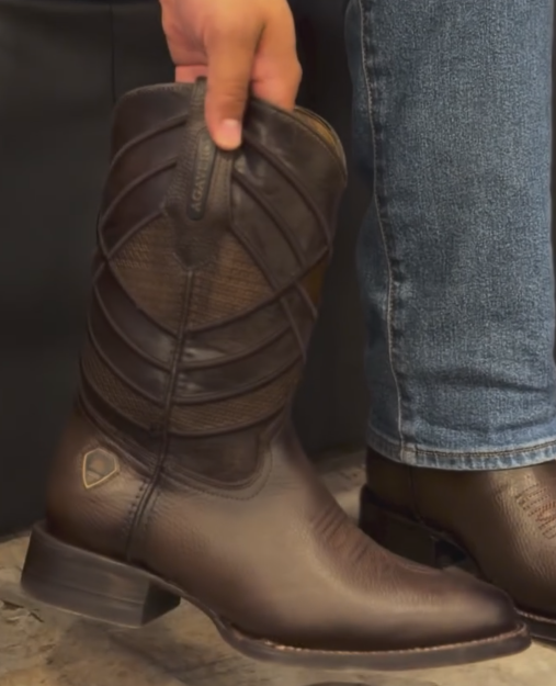 Men's Dark Brown Textured Western Cowboy Boots | Square Toe Mid-Calf Boots With Embossed Detailing