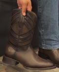 Men's Dark Brown Textured Western Cowboy Boots | Square Toe Mid-Calf Boots With Embossed Detailing