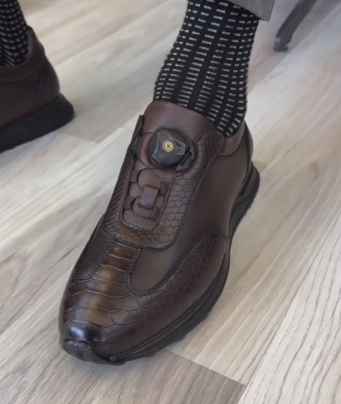 Men's Snake-embossed Leather Sneakers With Dial Closure And Cushioned Sole