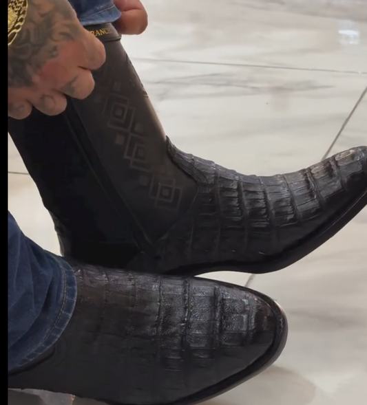 Men's Aztec Print Side Elastic Croc Embossed Western Ankle Boots, Casual Cowboy Short Boots