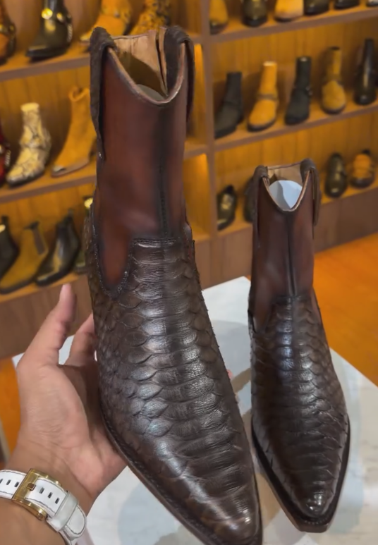 Verdancer Python-Print Western Chelsea Boots - Snakeskin Pattern Leather Ankle Boots With Cuban Heel