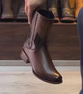 Men's Brown Geometric Embossed Western Ankle Boots - Short Pull-On Cowboy Boots