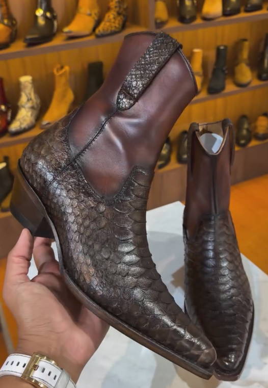Verdancer Python-Print Western Chelsea Boots - Snakeskin Pattern Leather Ankle Boots With Cuban Heel