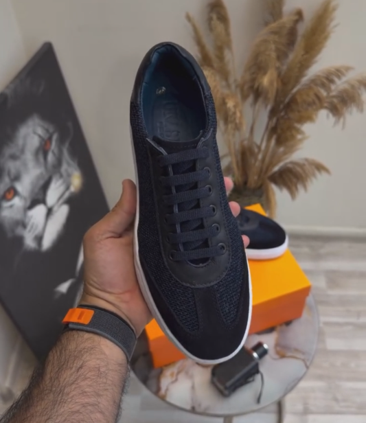 Men's Navy Knit & Suede Casual Sneakers - Low-Top Everyday Shoes