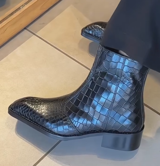 Men's Blue Black Crocodile Embossed Chelsea Boots-Polished Exotic Leather Ankle Boots
