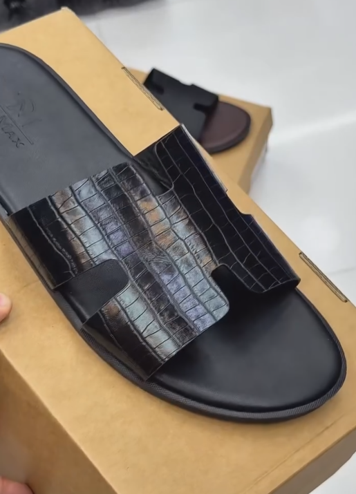 Men's Black Croc-Embossed Leather Slide Sandals - Luxury Open-Toe