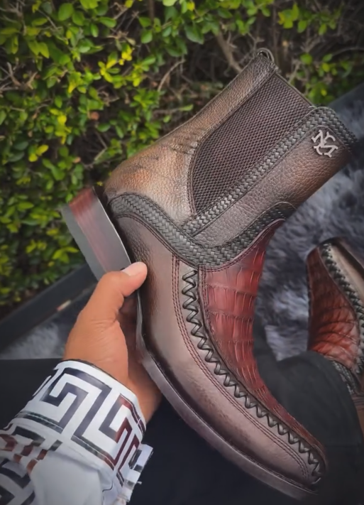 Two-Tone Croc Embossed Western Chelsea Boots