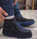 Men's Iridescent Blue Fish Scale Embossed Side Zip Platform Ankle Boots, Slip On Luxury Casual Footwear