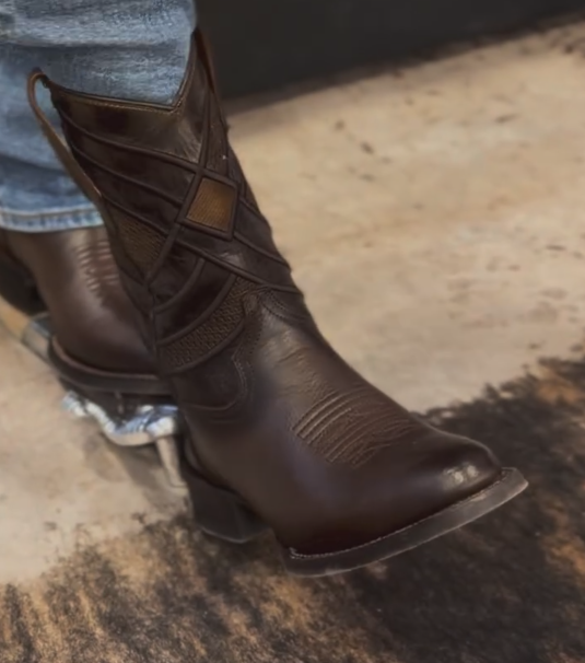 Men's Dark Brown Textured Western Cowboy Boots | Square Toe Mid-Calf Boots With Embossed Detailing