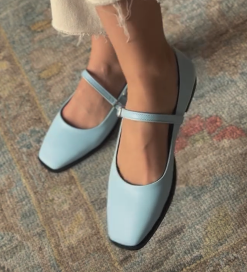 Women's Light Blue Leather Mary Jane Flats - Square Toe Minimalist Casual Shoes