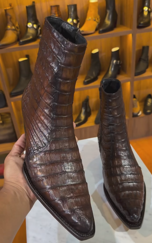 Men's Red-Brown Crocodile-Print Heeled Western Boots