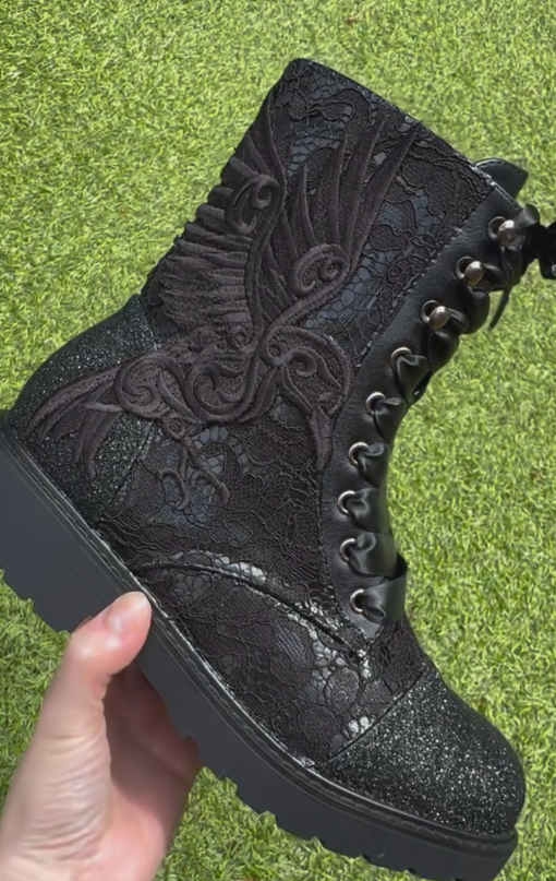 Black Lace Embroidery Platform Combat Ankle Boots For Men