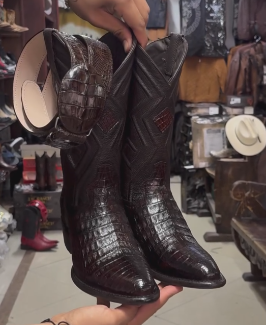 Verdancer Exotic Crocodile-embossed Western Cowboy Boots-mid-bull Pointed Men's Boots