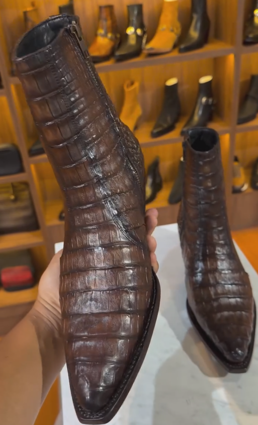 Men's Red-Brown Crocodile-Print Heeled Western Boots