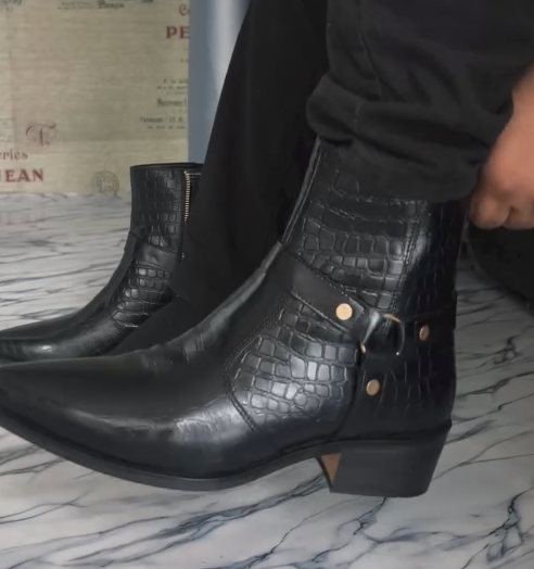 Men's Pointed Toe Croc Embossed Leather Strap Buckle Western Cowboy Ankle Boots