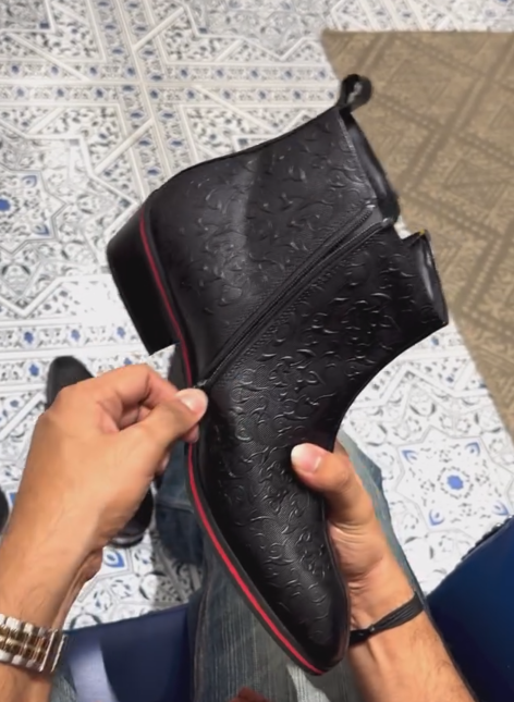 Men Black Embossed Side Zip Pointed Chelsea Boots