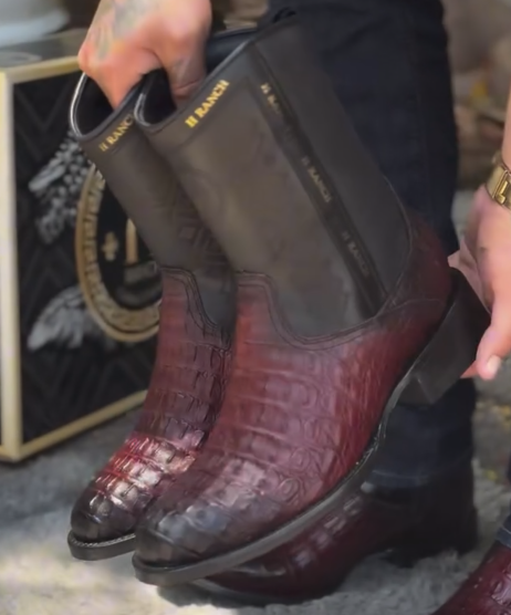 Men's Burgundy Croc-Embossed Western Cowboy Boots - Gradient Vintage Style Mid Calf Boots
