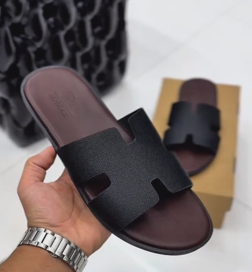 Men's Black Croc-Embossed Leather Slide Sandals - Luxury Open-Toe