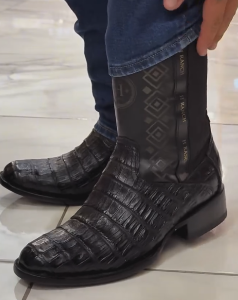 Men's Aztec Print Side Elastic Croc Embossed Western Ankle Boots, Casual Cowboy Short Boots