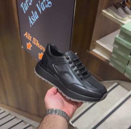 Men's Leather Casual Sneakers Black Low-Top Lace-Up Comfort Shoes
