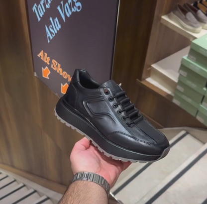 Men's Leather Casual Sneakers Black Low-Top Lace-Up Comfort Shoes