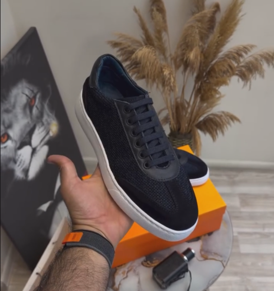 Men's Navy Knit & Suede Casual Sneakers - Low-Top Everyday Shoes