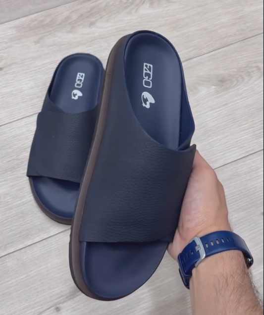 Men's Navy Leather Adjustable Slide Sandals - Casual Summer Footwear