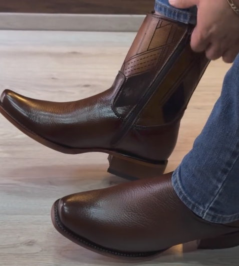 Men's Brown Geometric Embossed Western Ankle Boots - Short Pull-On Cowboy Boots