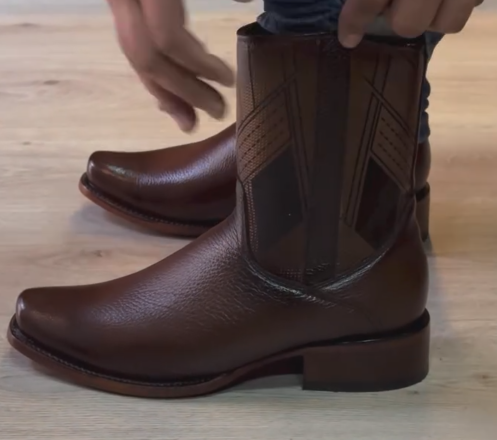 Men's Brown Geometric Embossed Western Ankle Boots - Short Pull-On Cowboy Boots