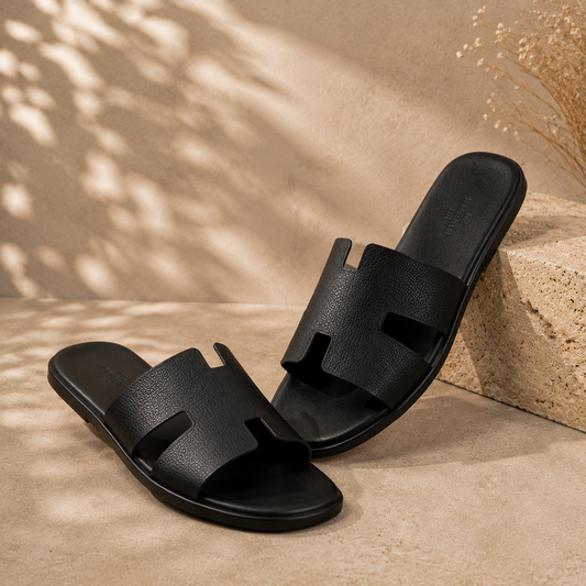 Hermes Inspired Black Leather Slippers, Classic H-shaped Hollow Flat Mule, Summer Women's Slip-on Slippers, Cas
