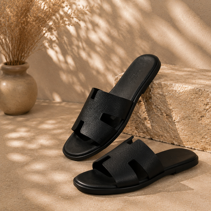 Hermes Inspired Black Leather Slippers, Classic H-shaped Hollow Flat Mule, Summer Women's Slip-on Slippers, Cas
