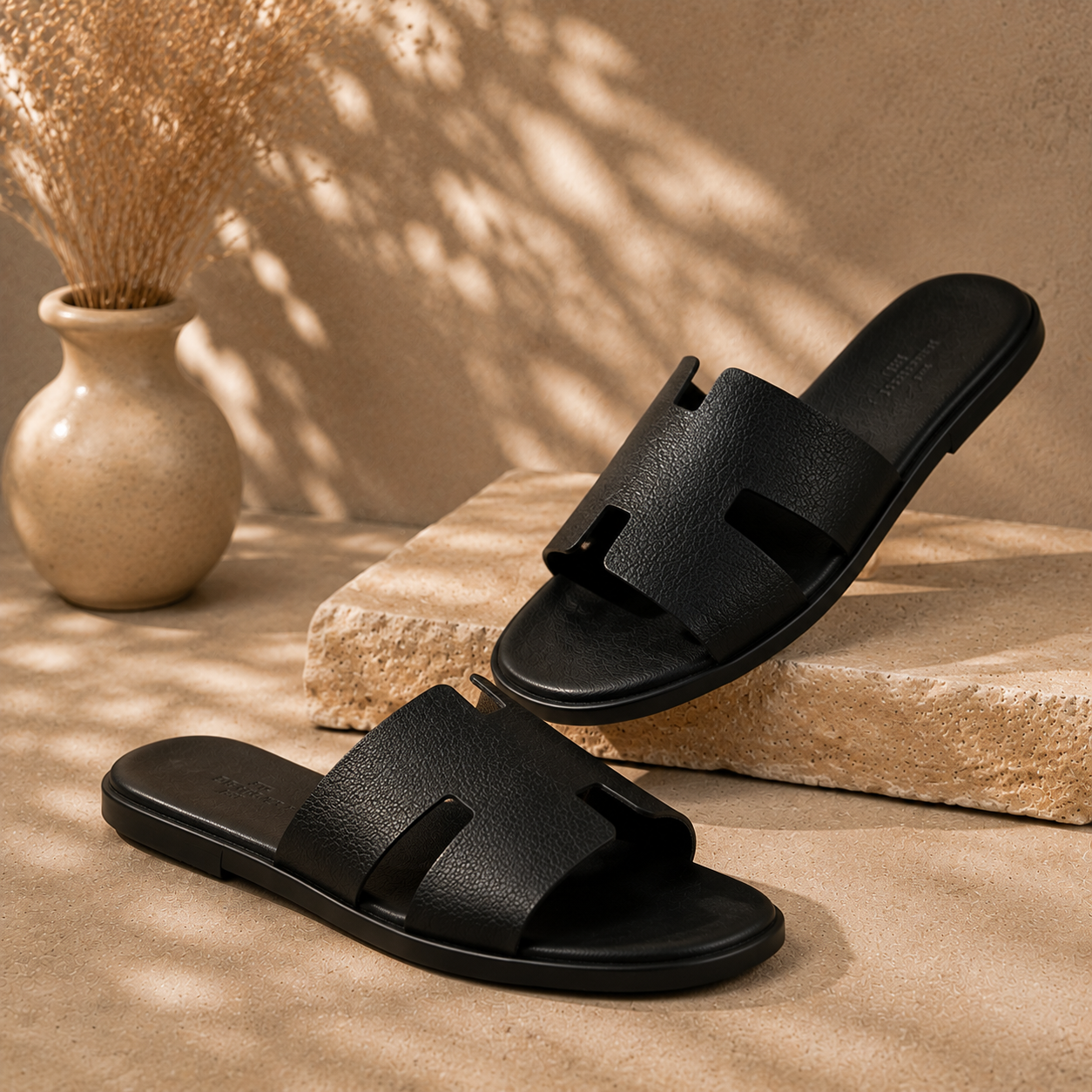 Hermes Inspired Black Leather Slippers, Classic H-shaped Hollow Flat Mule, Summer Women's Slip-on Slippers, Cas