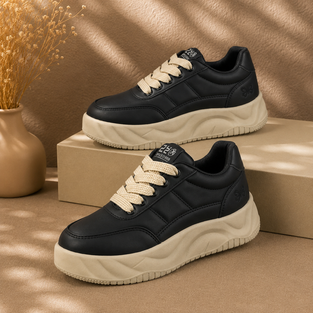 Women's Platform Chunky Sneakers, Two-Tone Lace Up Height Increasing Casual Walking Shoes