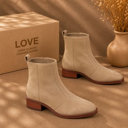 Women's Beige Suede Chelsea Ankle Boots, Low Block Heel Stretch Side Slip On Fall Boots