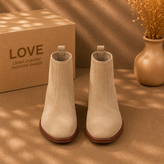 Women's Beige Suede Chelsea Ankle Boots, Low Block Heel Stretch Side Slip On Fall Boots