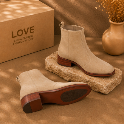 Women's Beige Suede Chelsea Ankle Boots, Low Block Heel Stretch Side Slip On Fall Boots