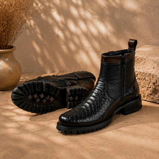 Men’s Crocodile-embossed Genuine Leather Western Work Boots With Side Zipper, Chunky Tread, And Non-slip Outsole
