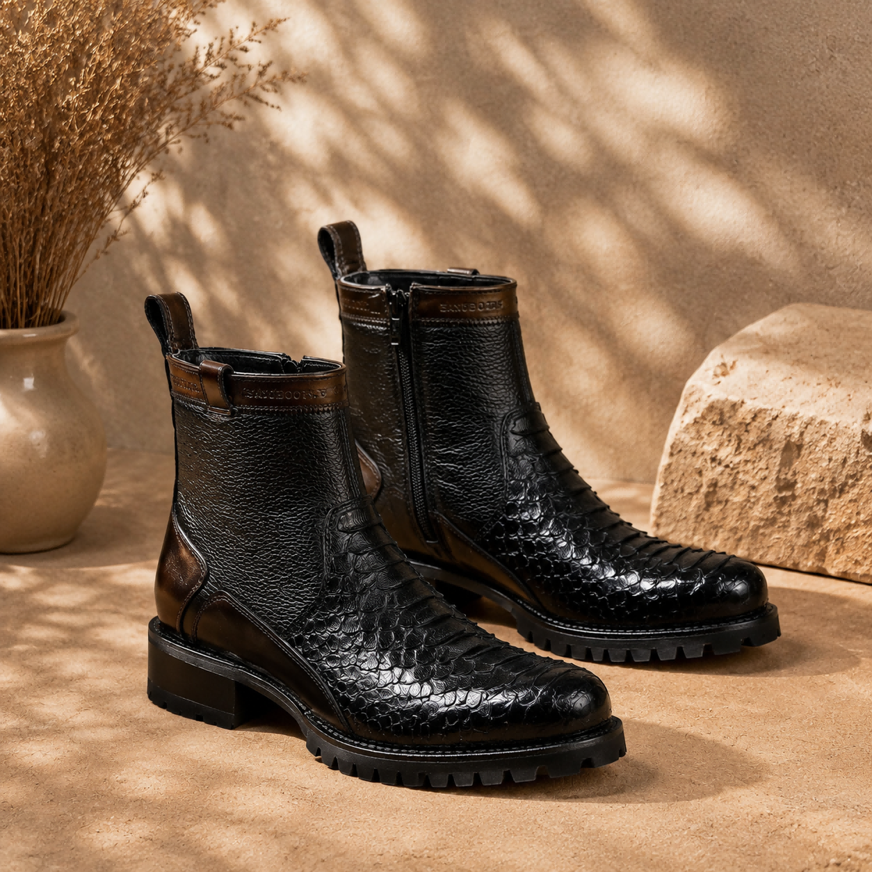 Men’s Crocodile-embossed Genuine Leather Western Work Boots With Side Zipper, Chunky Tread, And Non-slip Outsole