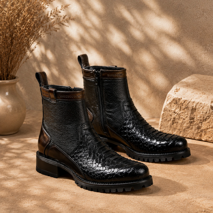 Men’s Crocodile-embossed Genuine Leather Western Work Boots With Side Zipper, Chunky Tread, And Non-slip Outsole