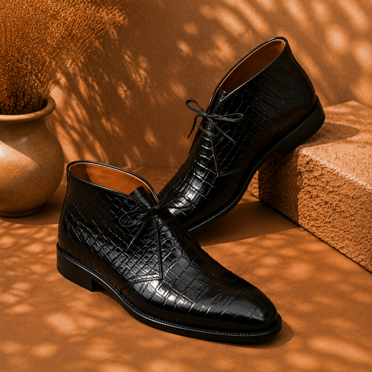 Men's Glipped Crocodile-Embossed Leather Chaka Ankle Boots