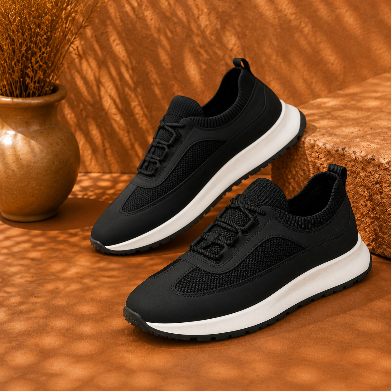 Men's Breathable Knitted Mesh Platform Lightweight Lace-up Walking Sneakers