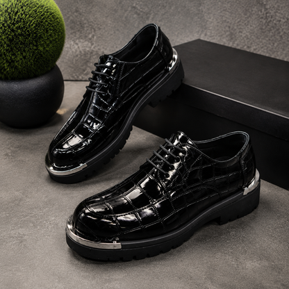 Men’s Glossy Crocodile-pattern Metal-toe Lace-up Chunky-heel Dress Shoes For Added Height