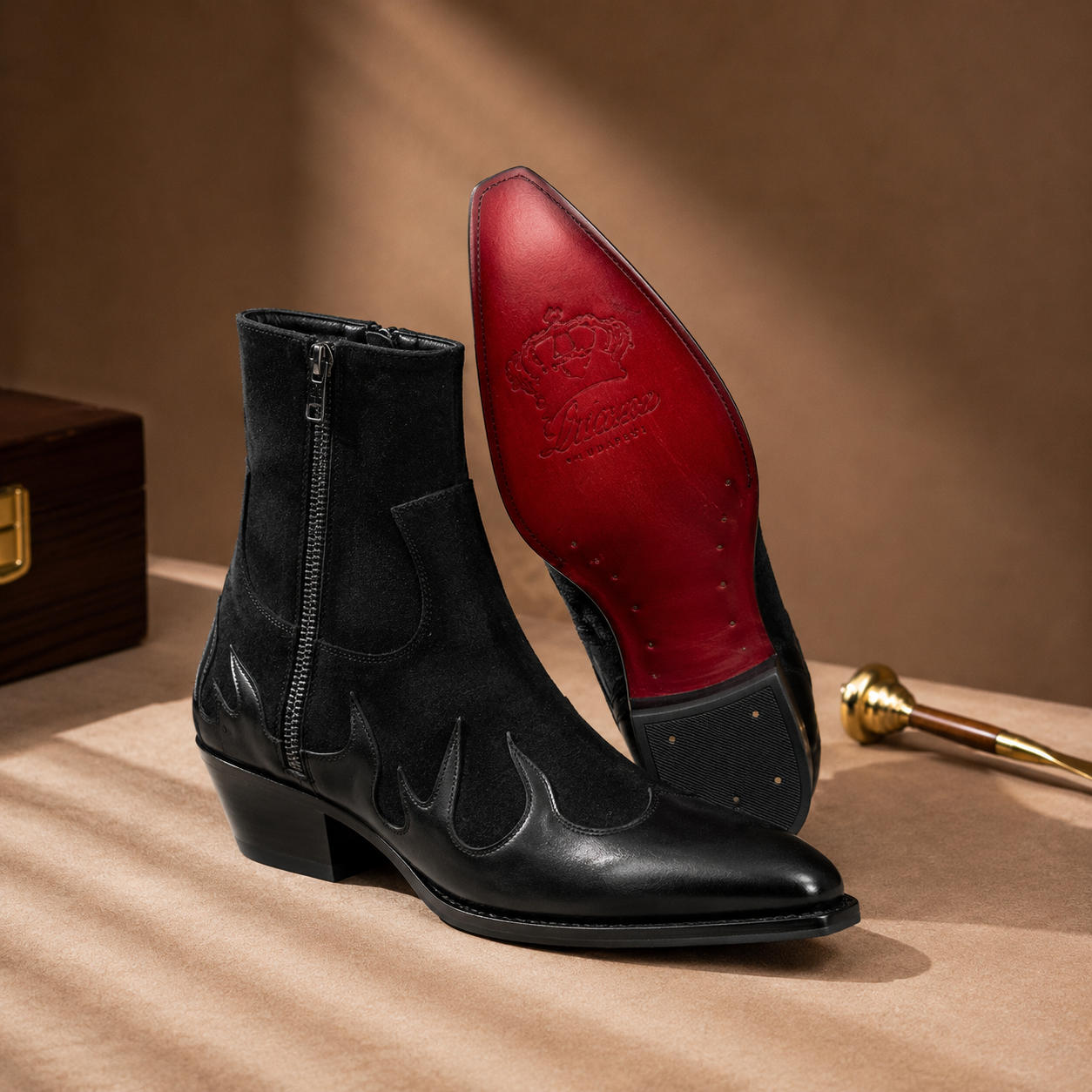Men's Velvet Patchwork Suede Pointed Side Red Bottom Boots